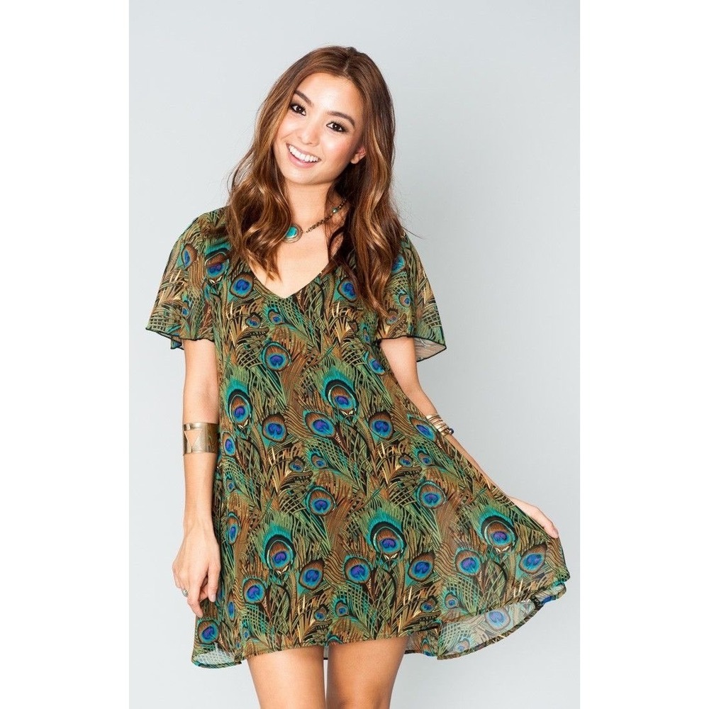 Show Me‎ Your Mumu Kylie Mini Dress Green Peacock Print Boho Tunic Medium
